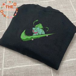 NIKE x Bulbasaur Embroidered Sweatshirt, Pokemon Anime Embroidered Sweatshirt, Custom Anime Embroidered Crewneck, Anime