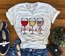 Red Wine And Blue 4th July America Americana American Pride Unisex V Neck T-Shirt