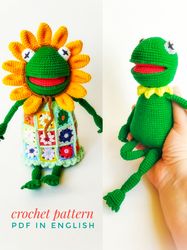 Sunflower frog in dress or Kermit the frog from Sesame Street amigurumi crochet pattern pdf in english. Cute summer frog
