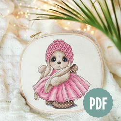 Pink Dress Bunny Girl Cross Stitch Pattern PDF, Rabbit Cross Stitch, Animal Cross Stitch, Instant Download, Lolita Dress