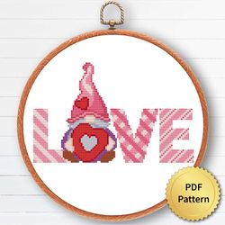 Funny Love Gnome Cross Stitch Pattern, Easy Cute Gnome Valentine's Day Ornaments Embroidery, Counted Chart, Modern