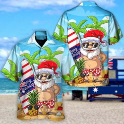 Christmas In July Santa Lets Surf Summer Vibe Hawaiian Shirt, Tropical Christmas Shirt, Summer Santa Aloha Shirt, Tropic