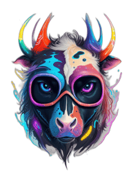 Futuristic Cow Face with Small Horns and Multicolored Glasses - Digital Art Style