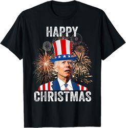 Xmas Merry Christmas Funny Happy 4th Of July Anti Joe Biden T-Shirt