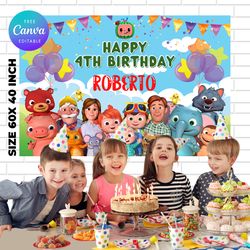 cocomelon birthday backdrop template, cocomelen birthday themed birthday banner editable digital instant download