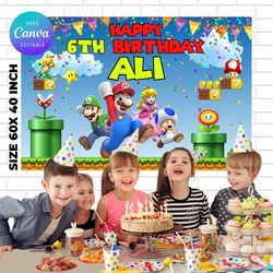super mario birthday backdrop template, super mario birthday themed birthday banner editable digital instant download