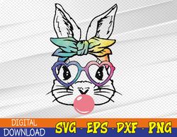 Cute Bunny With Bandana Heart Glasses Bubblegum Easter Day Raglan Baseball Svg, Eps, Png, Dxf, Digital Download