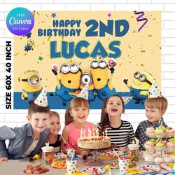 minion birthday backdrop template, minion birthday themed birthday banner editable digital instant download