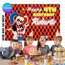 harley quinn birthday backdrop template, harley quinn birthday themed birthday banner editable digital instant download