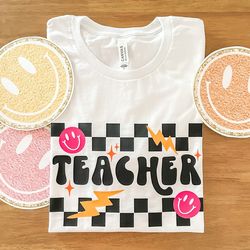 Teacher Checkered Tee, Adult Unisex Bella Canvas T-Shirt, White, Short Sleeve Shirt, Trendy Top, Retro, Gift, Teacher Mo