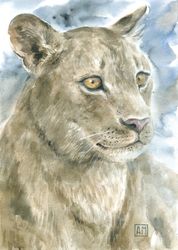 Watercolor artwork painting Portrait of a lioness