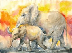 Watercolor artwork painting Elephants in the rays of the sunset