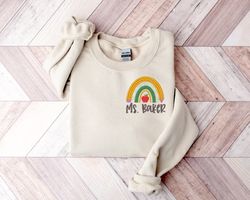 Teacher rainbow personalized sweatshirt fleece , Custom fleece with teacher name and pencil , Teacher gifts