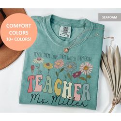 Custom Teacher Name Shirt, Personalized Retro Comfort Colors Teacher Tee, Vintage Flower Gift for Back to School Teacher