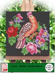Vintage embroidery pattern Pink cockatoo and violets / Vintage cross stitch pattern Bird