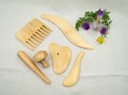 Set of 6 Gua Sha Massage Wooden Tool, Wooden Massage for Face, Neck, Hands, Body and Legs, Thai Massage