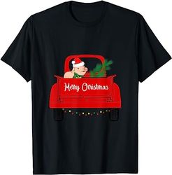 Teacup Pig in Red Merry Christmas Truck With Tree Lights T-Shirt