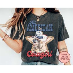 All American Cowgirl Shirt, Howdy American Western Shirt, Red White and Blue 4th of July Shirt, Patriotic T-shirt (AP-JU