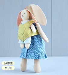 3 PDF Bunny Family (Large Bunny with Floppy Ears, Mini Bunny with Set of Clothes, Baby Carrier) Sewing Patterns Bundle