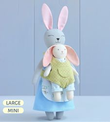 3 PDF Bunny Family (Large Bunny with Stand-up Ears, Mini Bunny with Set of Clothes, Baby Carrier) Sewing Patterns Bundle