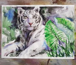 Watercolor artwork painting white tiger