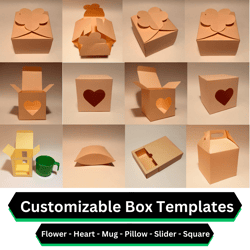 customizable box templates flower - heart, mug, pillow, slider, square boxs