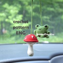 frog and mushroom crochet pattern car hanging charm, amigurumi frog, mushroom fall decor