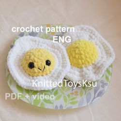 fried egg crochet pattern, crochet amigurumi kitchen play food toy cute plushie gift pattern for her