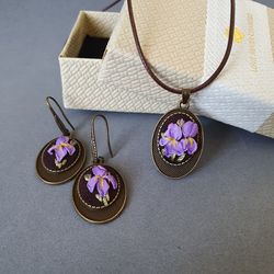 Ribbon embroidered set jewelry for her,  4th wedding anniversary gift, iris embroidery