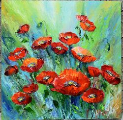 Poppies in the field. Palette knife painting with oil paints.