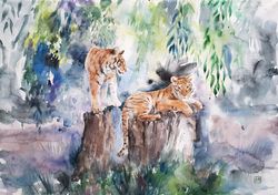 Watercolor artwork painting Landscape with tigers