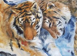 Watercolor artwork painting Family of tigers