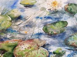 Watercolor artwork painting A pond with water lilies