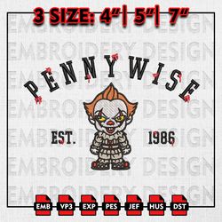 Pennywise Est Embroidery files, Horror Characters Embroidery Designs, Halloween Machine Embroidery Pattern