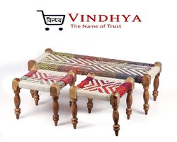 Indian Classic Sheesham Wood 2 Seater Maachi Bench Set with 2 Stools, Handmade Furniture, Traditional Wooden Khat,