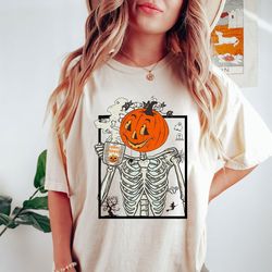 Comfort Colors Skeleton Pumpkin Shirt, Halloween Coffee Skull Shirt, Pumpkin Spice Shirt, Halloween Pumpkin Spice Coffe