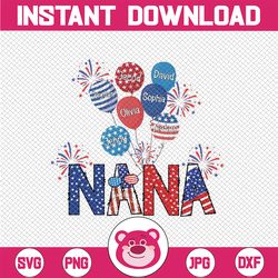Personalized Nana with Grandkids Png, Custom Nana And Balloon Kids 4th Of July, Custom Mimi and Kids Name, Digital