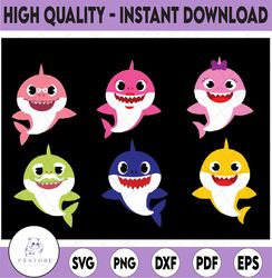 6 Family Sharks Character bundle SVG,Png,Shark's friends svg, Pink Fong svg, Family shark svg, dxf, eps files