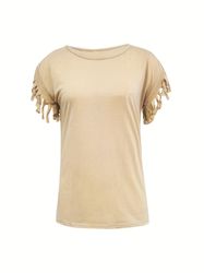Fringe Hem Solid T-Shirt Crew Neck Short Sleeve T-Shirt Women's Clothing