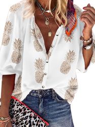 pineapple print button down blouse casual sleeve blouse women's clothing