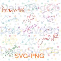 Princess Character Inspired Autographs- PNG Cinderella, Pocahontas, Belle, Merida, Jasmine, Elsa, Annaand more