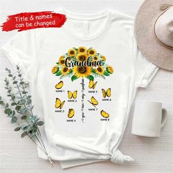 personalized grandchildren grandma shirt, butterfly sunflowers shirt, custom kids name shirt, gifts for nana gigi shirts