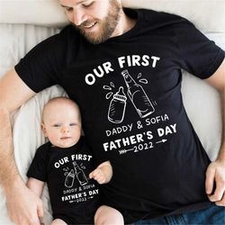 personalized matching daddy and me our first fathers day baby, custom name first fathers day shirt, fathers day gift fro