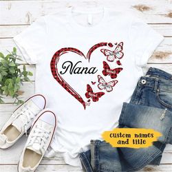 Personalized Grandchildren Grandma Shirt, Heart Plaid pattern shirt, Custom Kids Name Shirt, Butterfly Lovers Shirt, Gif