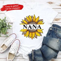 Personalized Grandchildren Grandma Shirt, Leopard Butterfly Sunflowers Nana Shirt, Custom Kids Name Shirt, Gifts for , M