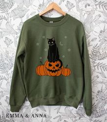 Halloween Shirt, Halloween Sweater, Cat on Pumpkin Shirt, Black Cat Shirt, Halloween Crewneck, Black Cat Shirt