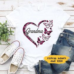 personalized grandchildren grandma shirt, heart plaid pattern shirt, custom kids name shirt, butterfly lovers shirt, gif