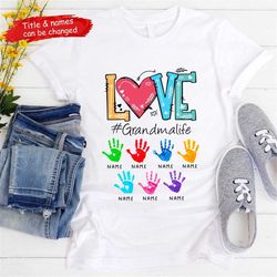 personalized grandchildren grandma mom shirt, grandma heart handprint customize shirt, custom kids name shirt, gifts for