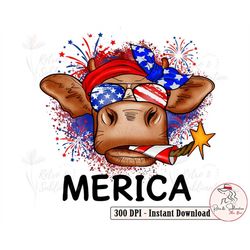 American Cow, America Messy Bun Heifer Merica Png, 4th Of July Png, Independence Day Png, American Flag Png, Firework Pn