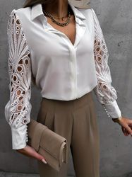 V-Neck Casual Blouse Lace Long Sleeve Shirt Lantern Sleeve Top Women's Clothing